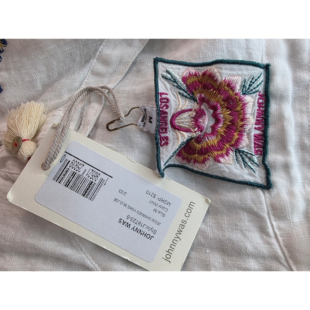Johnny Was Jessi Blouse Women Size M White NWT Embroidered Linen Shirred Yoke - Picture 2 of 8